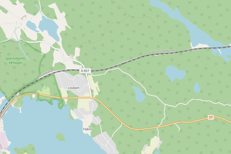 Översiktskarta över Skogstorp och Lövåsen vid Skogstorpsjön. Markeringen visar ungefärligt läge för Skogstorp.